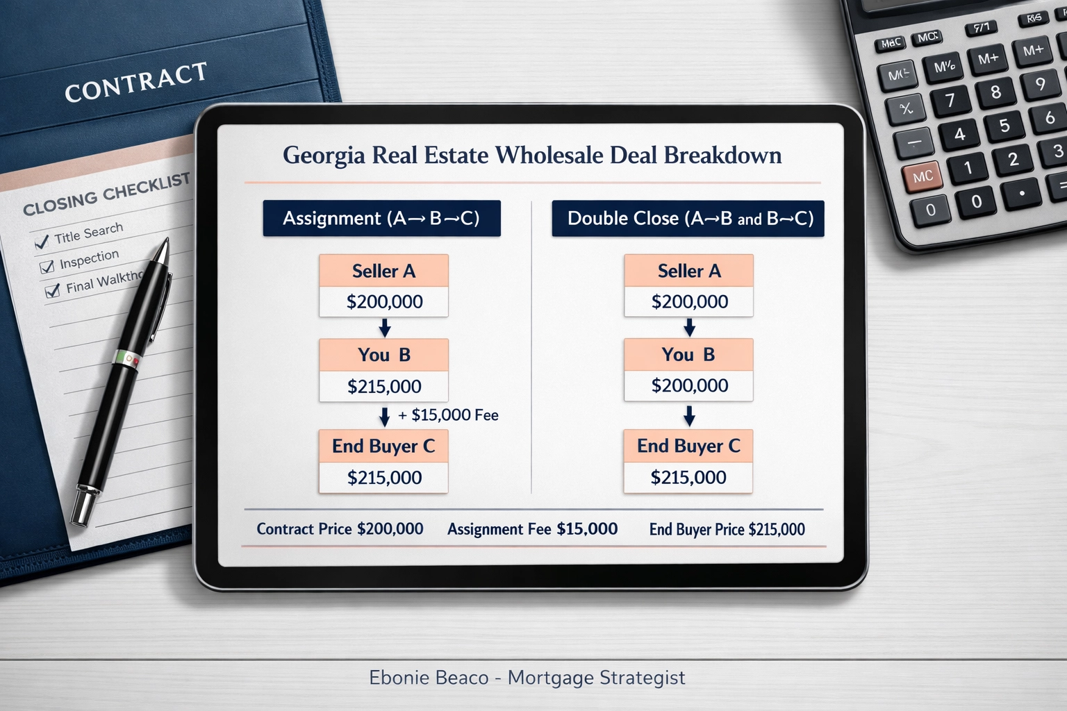 Infographic comparing wholesale contract assignment versus double closing strategies for Georgia real estate.