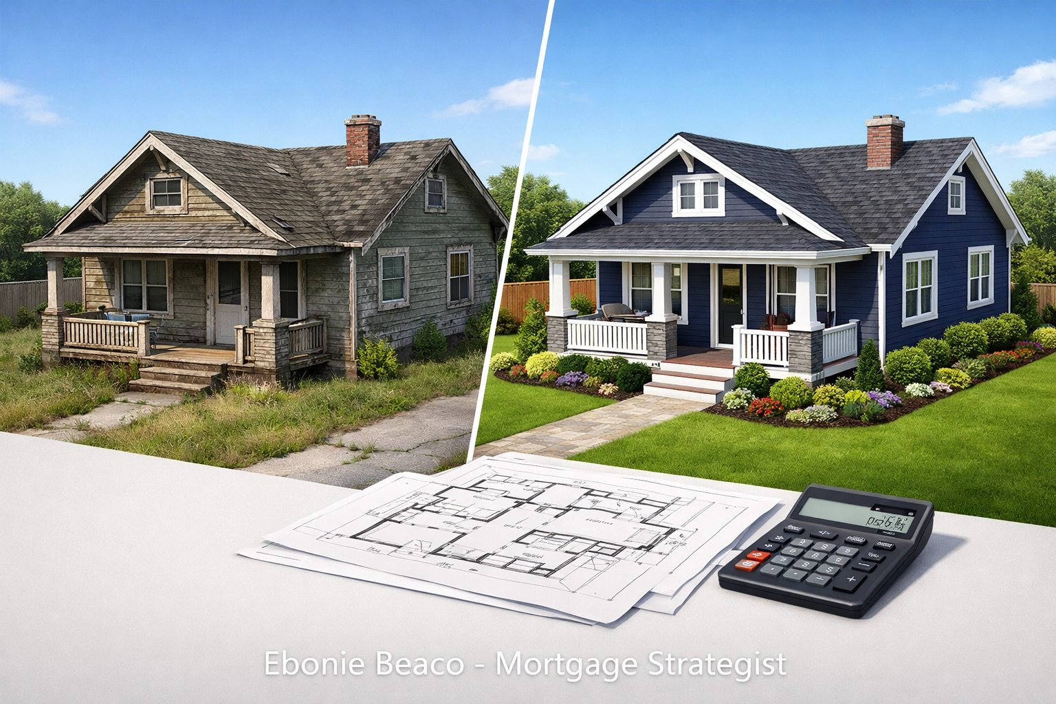 Before and after home renovation illustrating the BRRRR investment strategy and Arkansas property value growth.