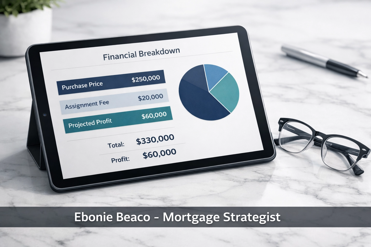 Financial chart on a tablet displaying a wholesale deal breakdown with assignment fees and purchase price.