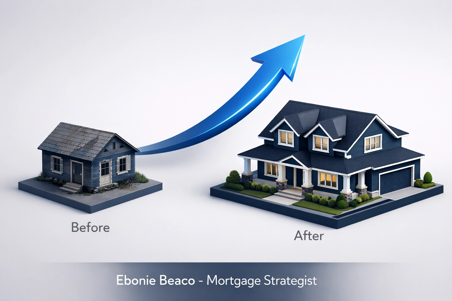 Graphic showing property transformation from a distressed home to a renovated investment with equity growth.