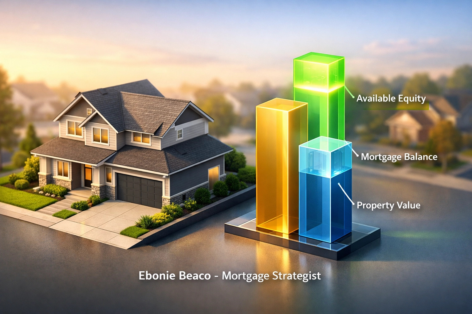 Financial graphic illustrating home value and available equity for a California HELOC strategy.