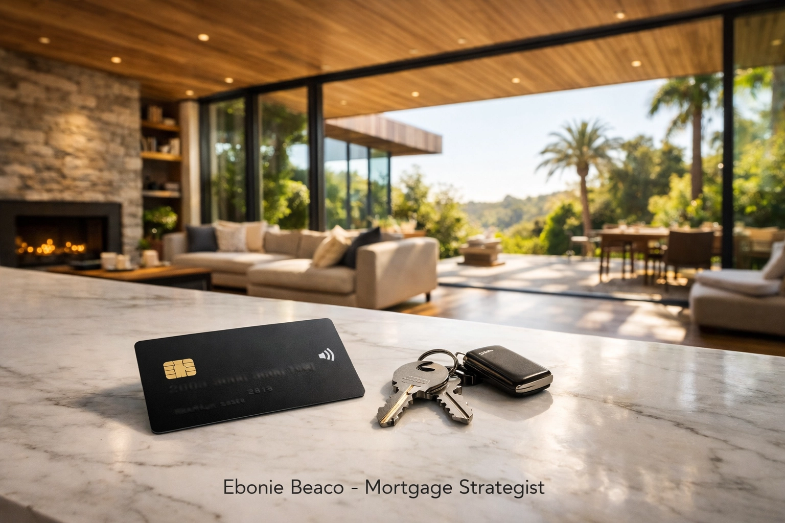 Modern California home interior with keys and a card representing a home equity line of credit.