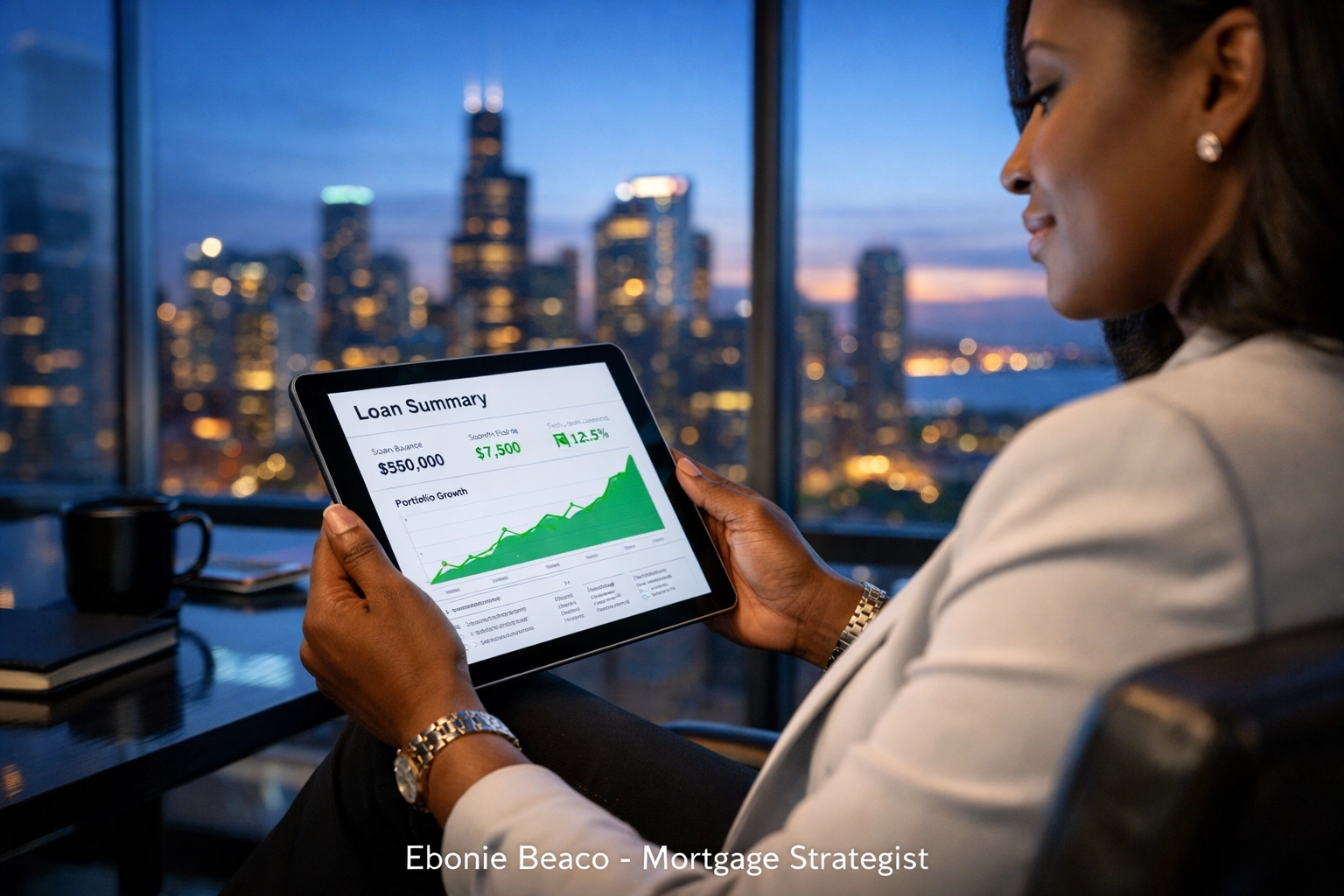 Real estate investor in a city office reviewing loan options for a Miami investment property.