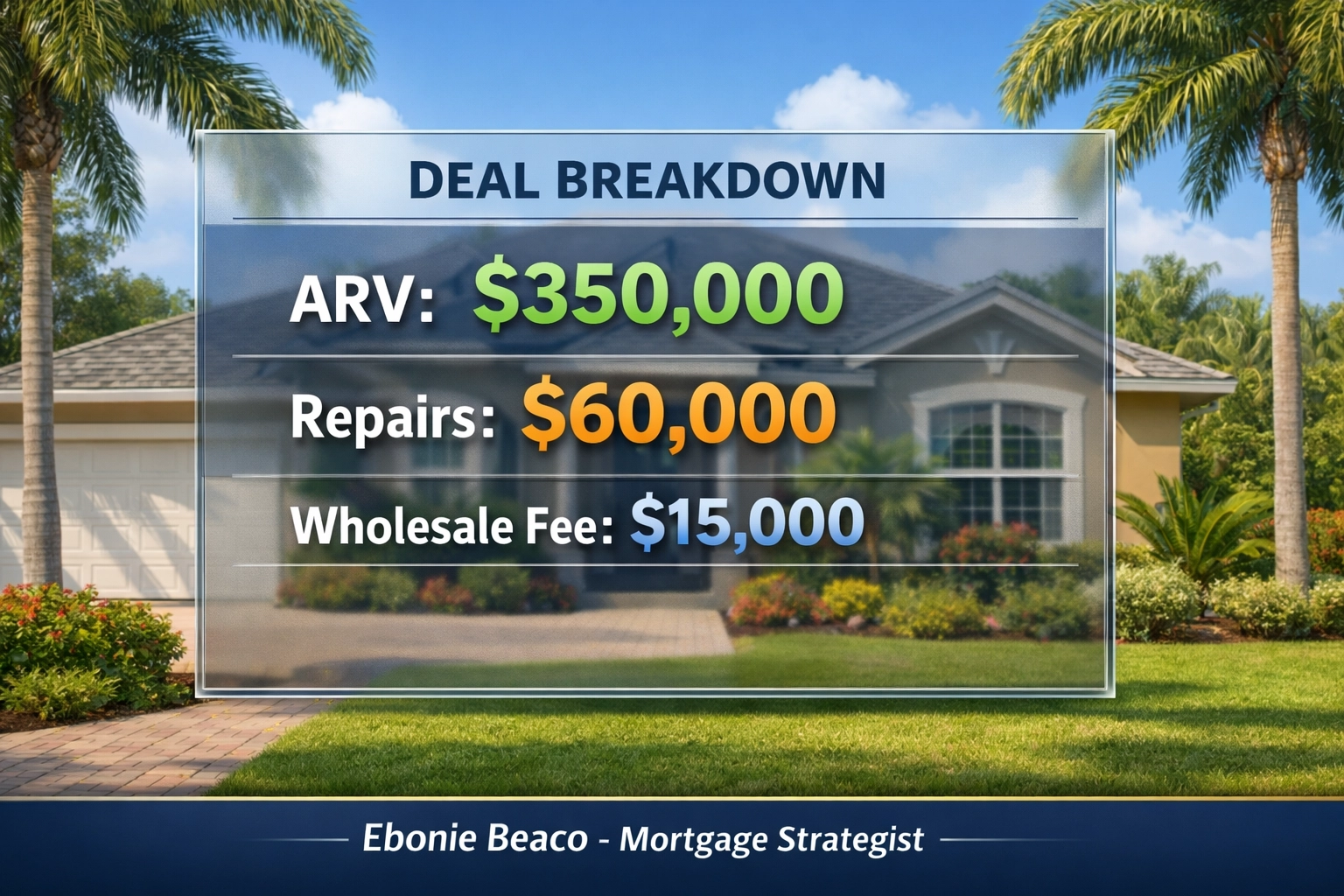 Financial breakdown of a Florida real estate wholesaling deal including ARV and repair costs.