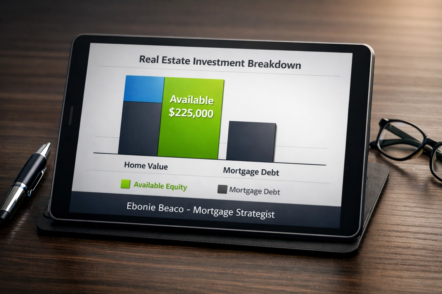 Digital chart displaying home equity and mortgage debt analysis for a HELOC.