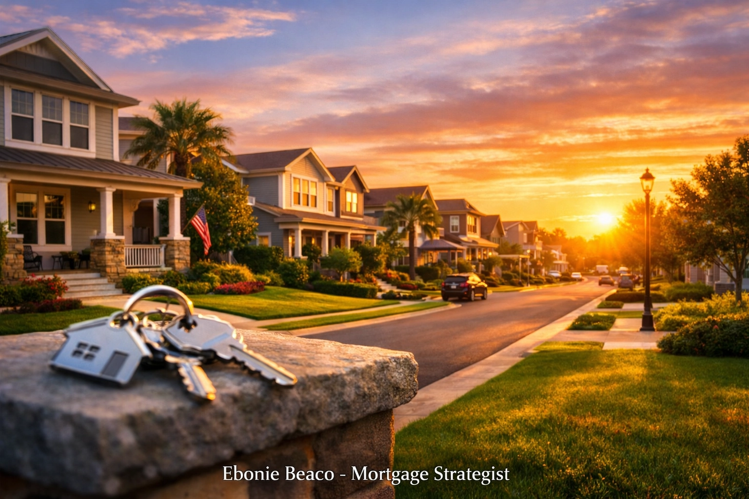 House keys in a modern neighborhood symbolizing unlocking home equity for wealth building.
