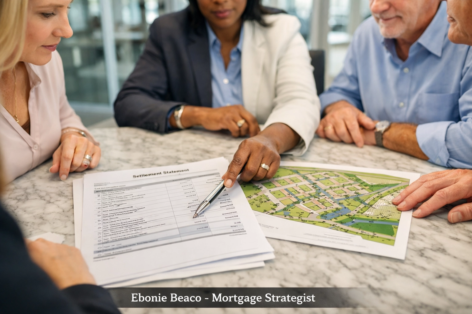 Investors reviewing settlement documents and wholesale closing paperwork in a professional office.