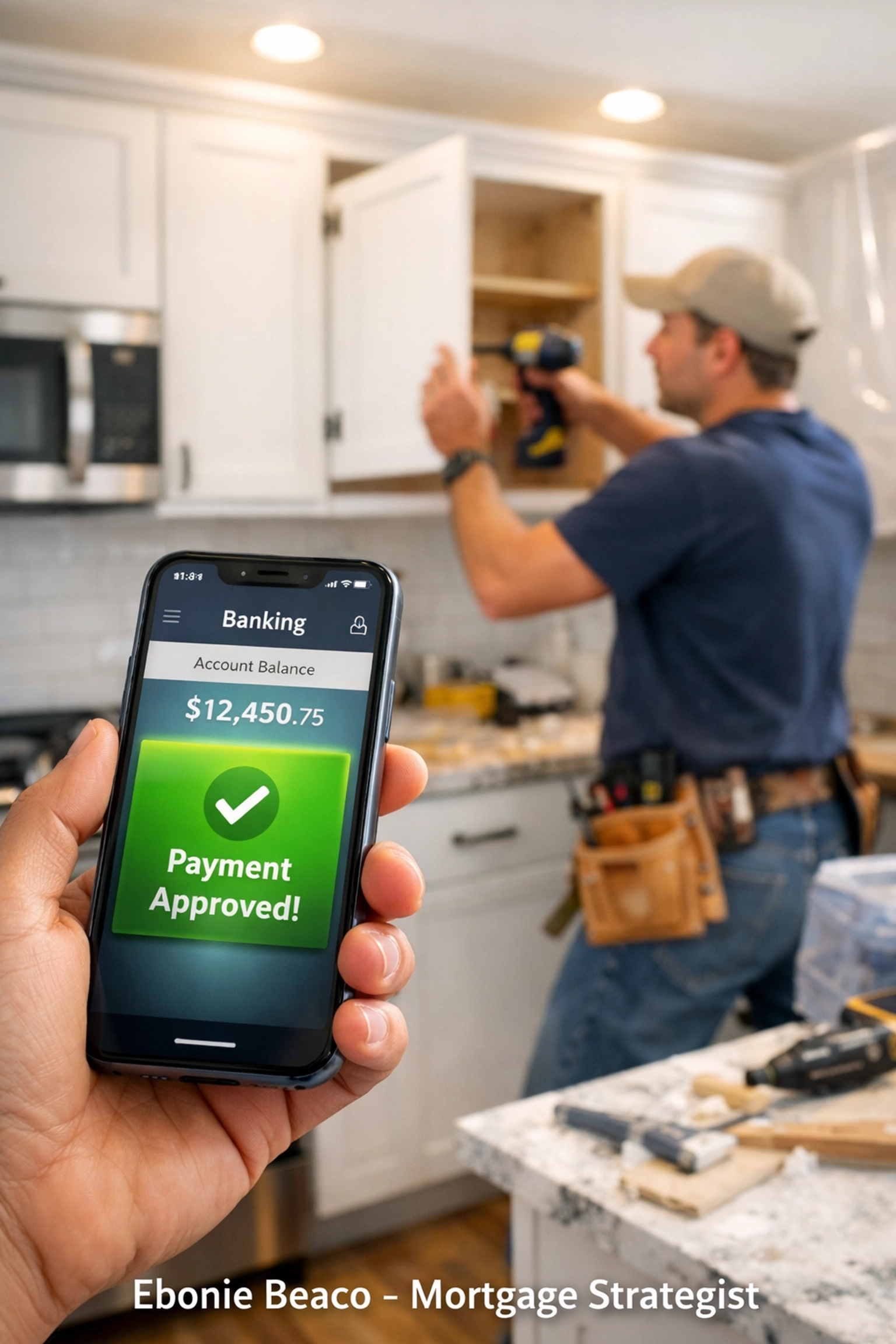 Homeowner accessing fast HELOC funds on a smartphone to start a modern kitchen renovation project.