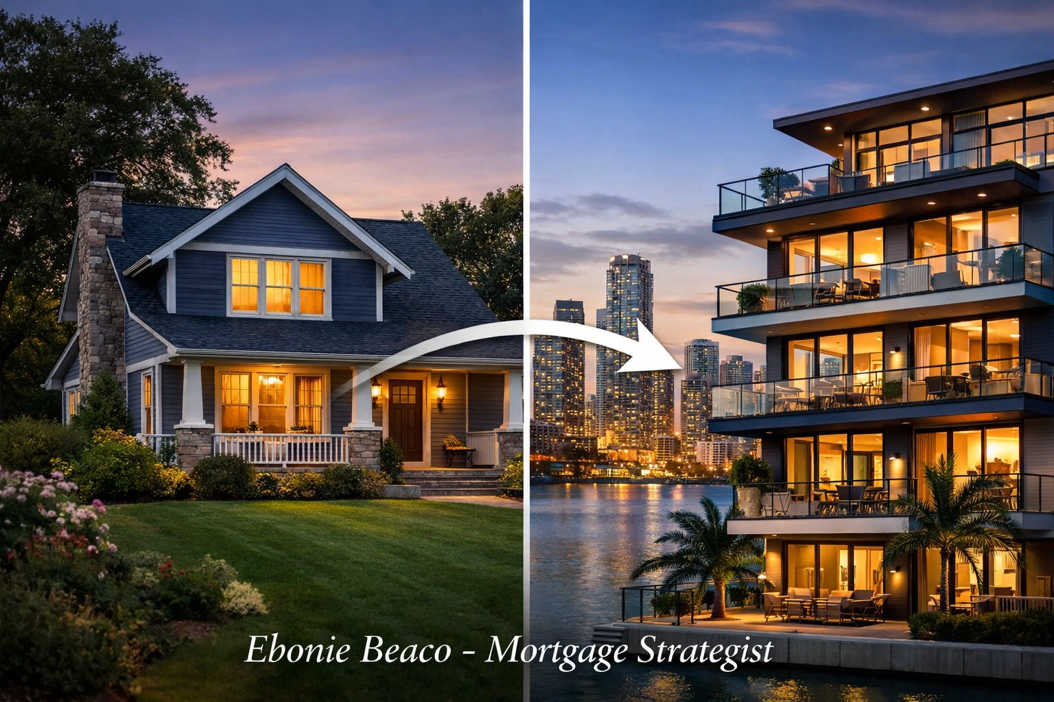 Conceptual image showing home equity flowing from a primary residence to fund a real estate investment property.