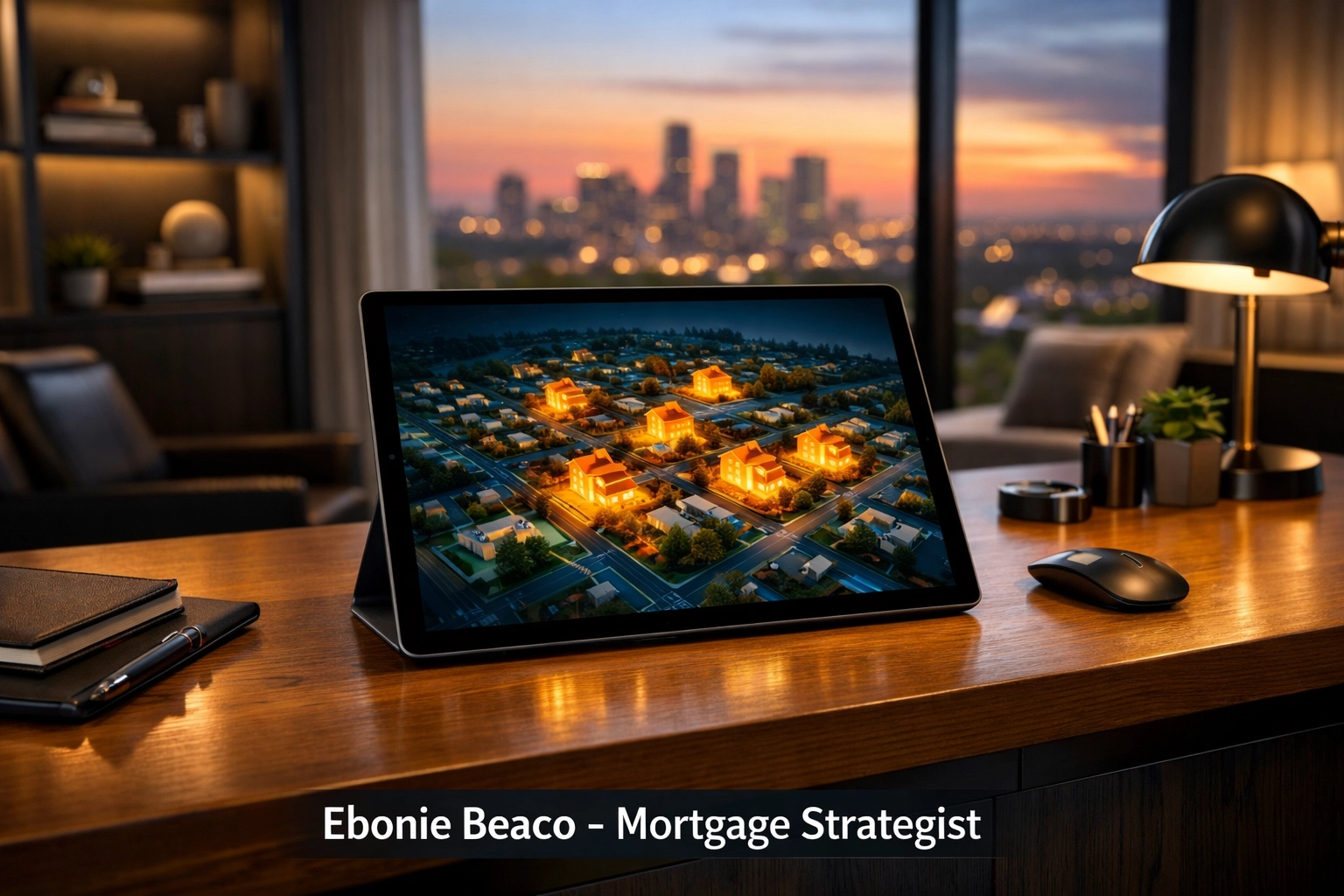 Tablet displaying a digital heat map for scaling real estate wholesale and market targeting in a modern office.