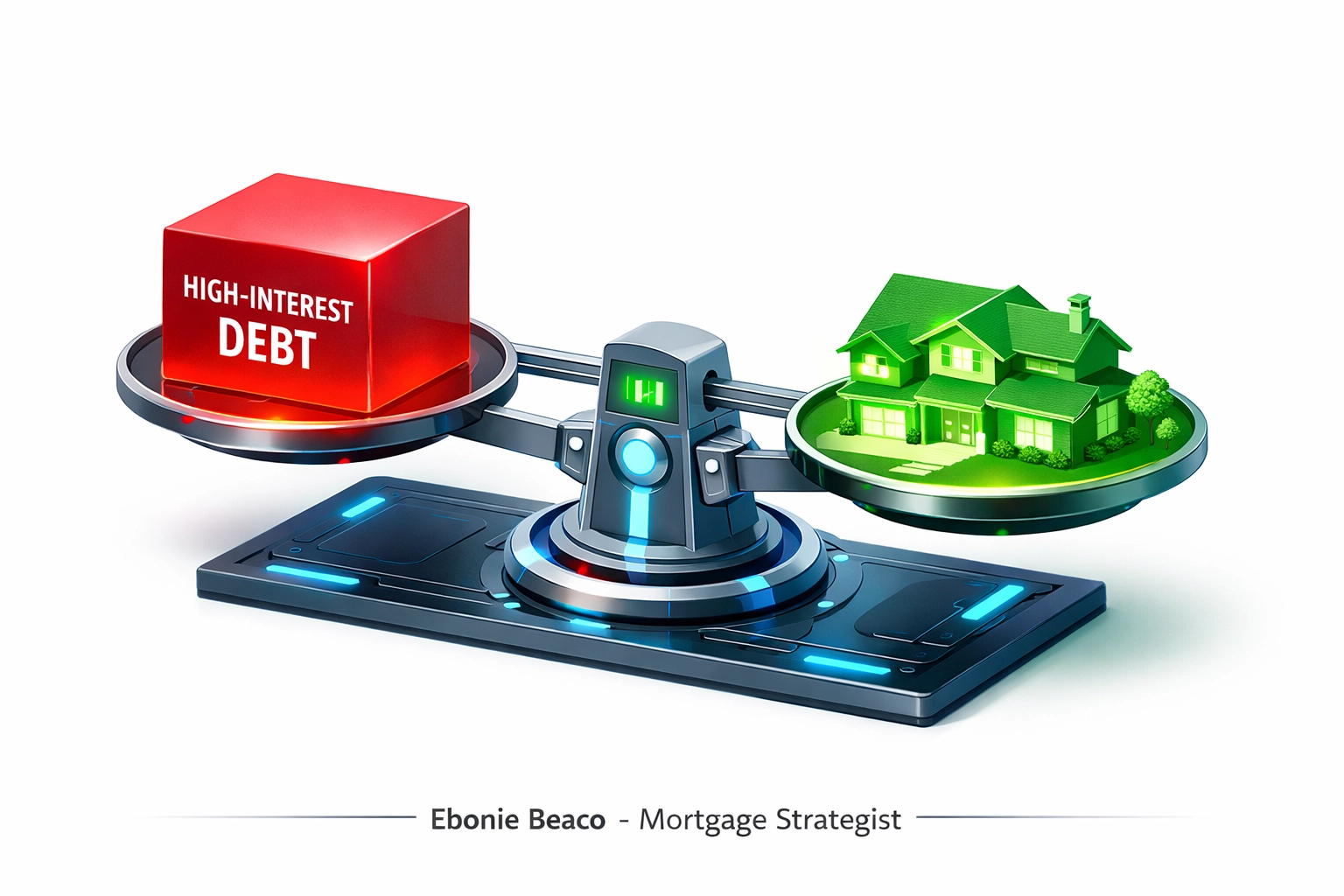 A balance scale weighing a suburban home against high-interest debt to illustrate HELOC interest savings.