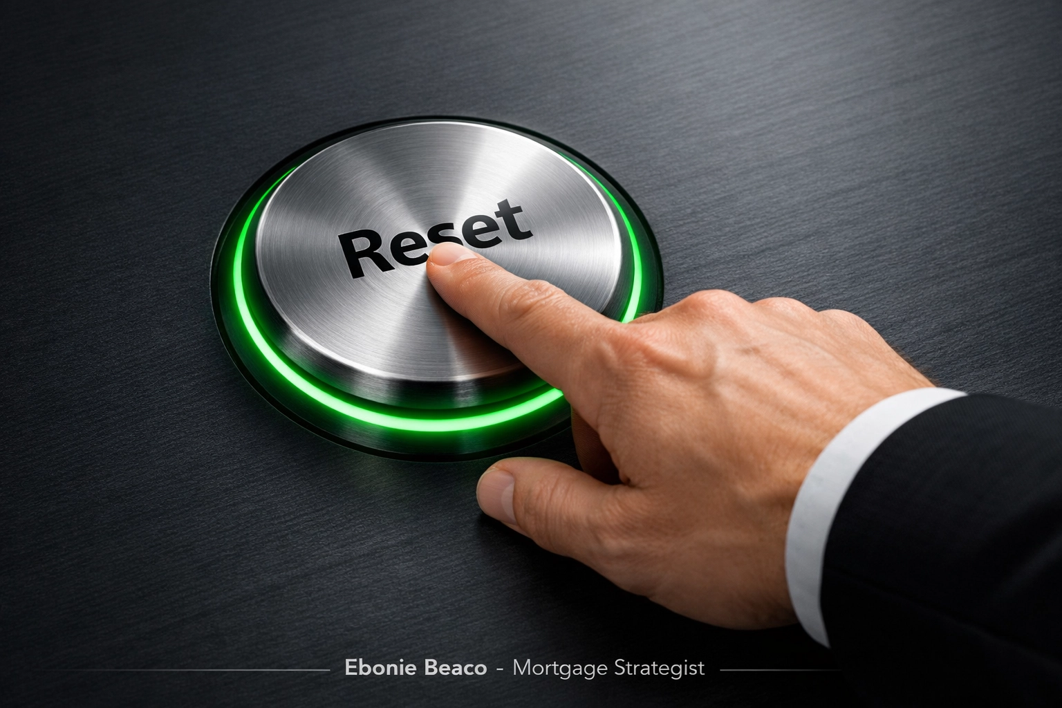 A hand pressing a green glowing reset button to symbolize hitting the reset button on high-interest debt.