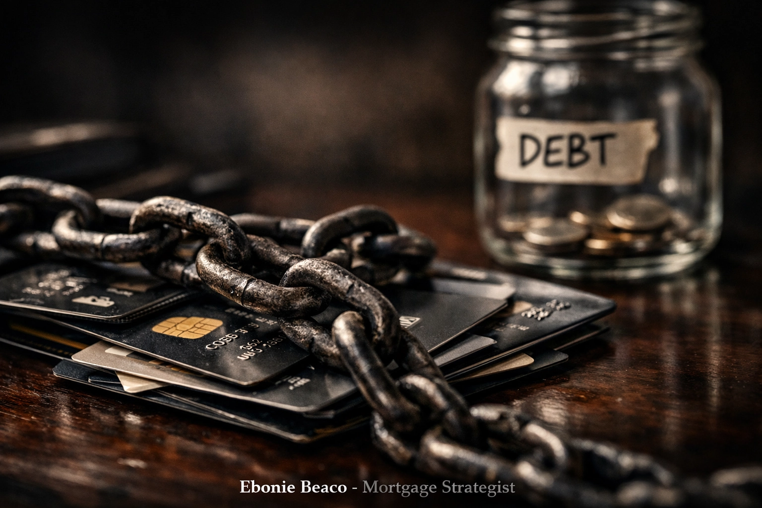 Credit cards bound by a heavy iron chain on a desk representing the weight of high-interest debt.