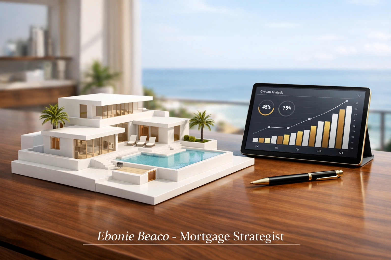 Financial planning for jumbo mortgages featuring a property model and market growth charts on a tablet.