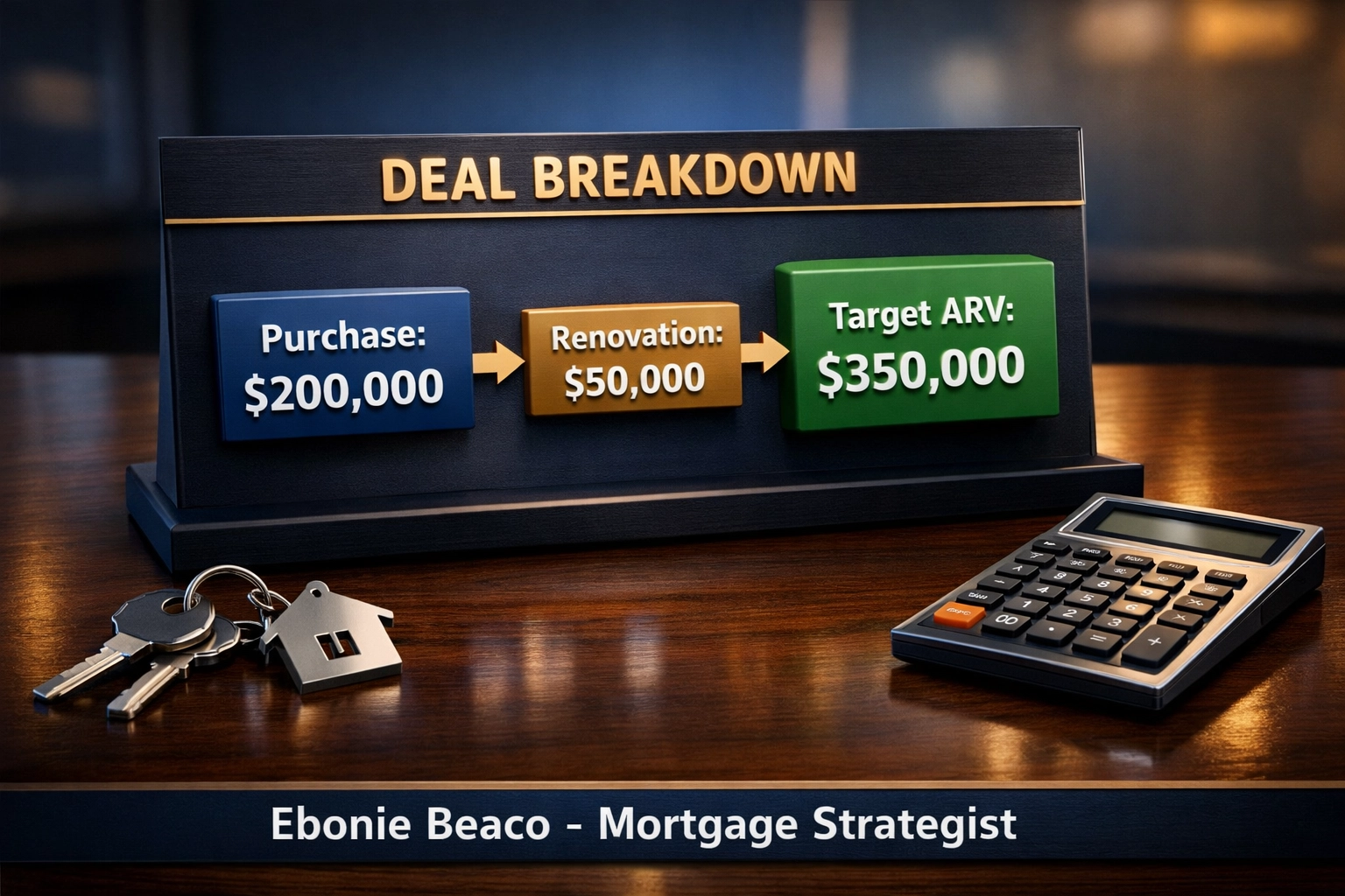 Financial infographic illustrating a fix and flip deal calculation for an Atlanta real estate investment.