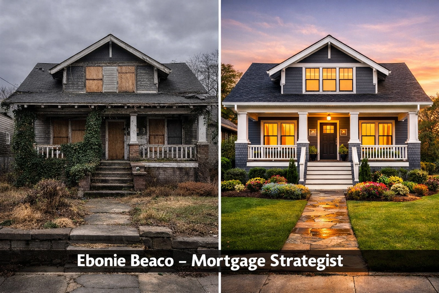 Before and after split-screen of an Atlanta home renovation using hard money fix and flip loans.