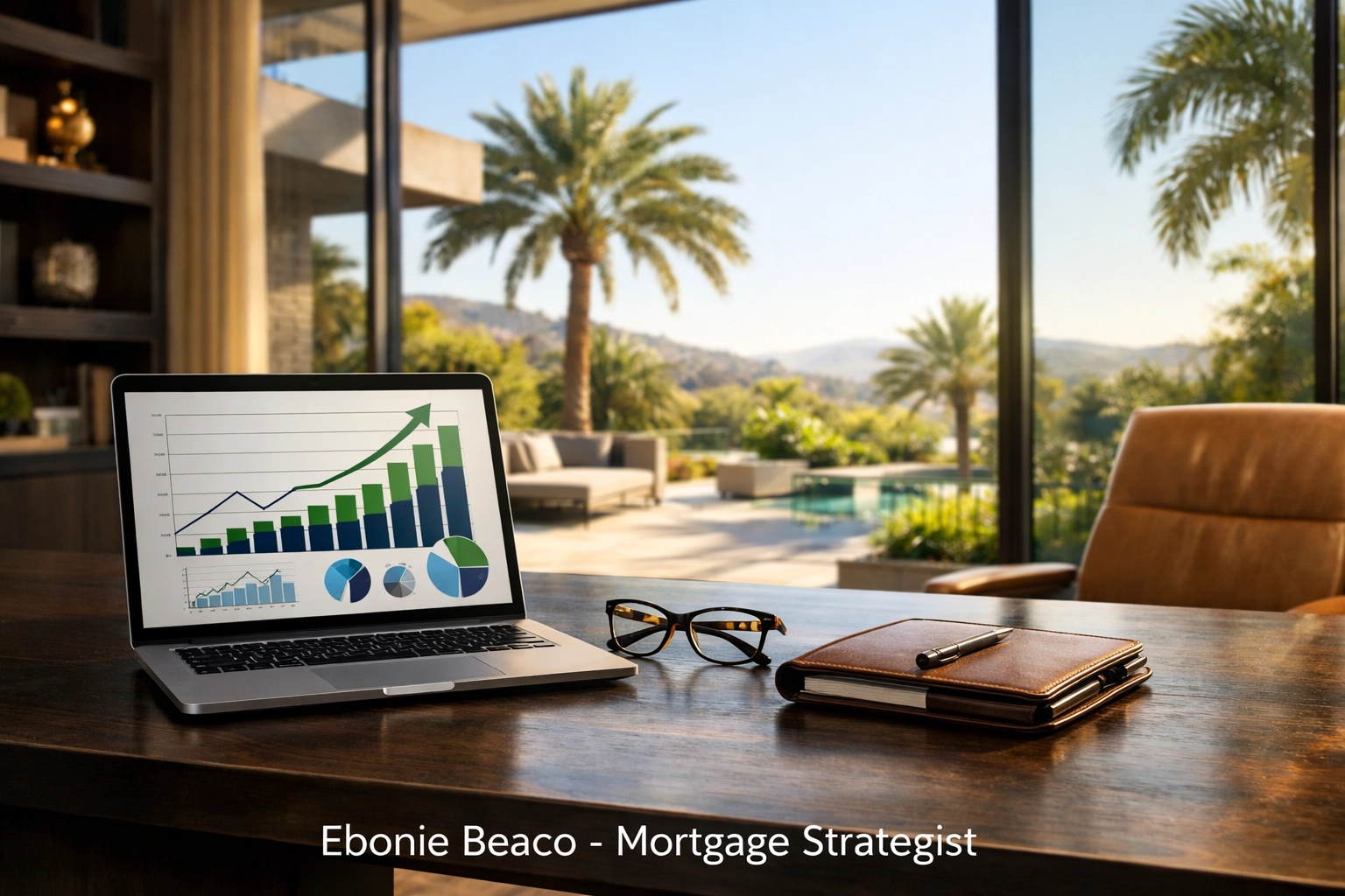 Modern California home office showing financial charts for self-employed mortgage and equity planning.