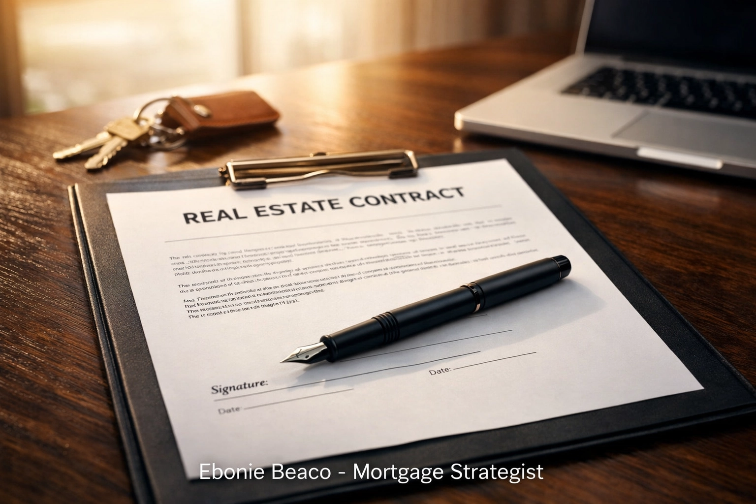 Signed real estate assignment of contract and house keys on a professional desk in Atlanta.