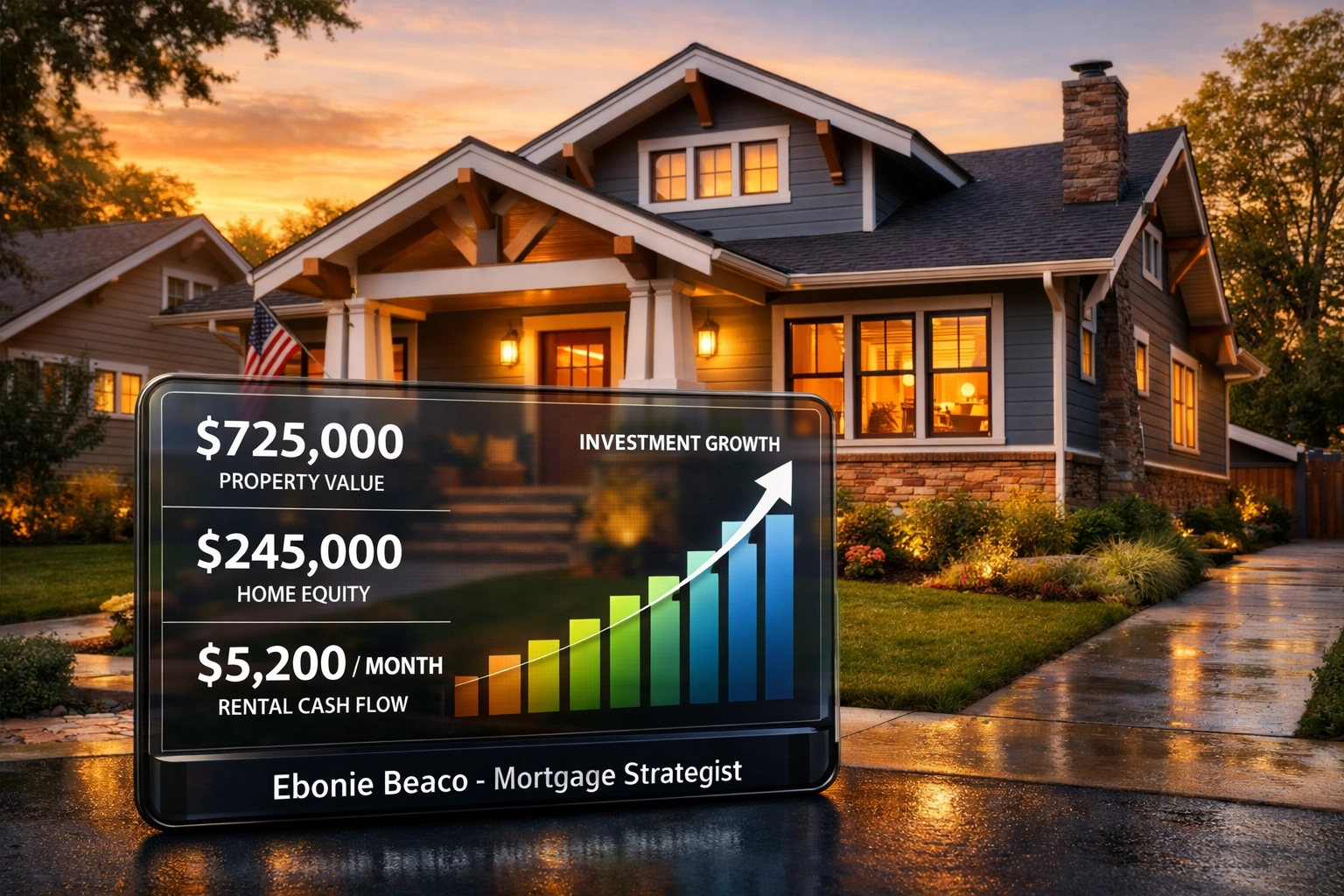 Renovated Atlanta house with an investment growth chart representing a successful fix and flip loan project.