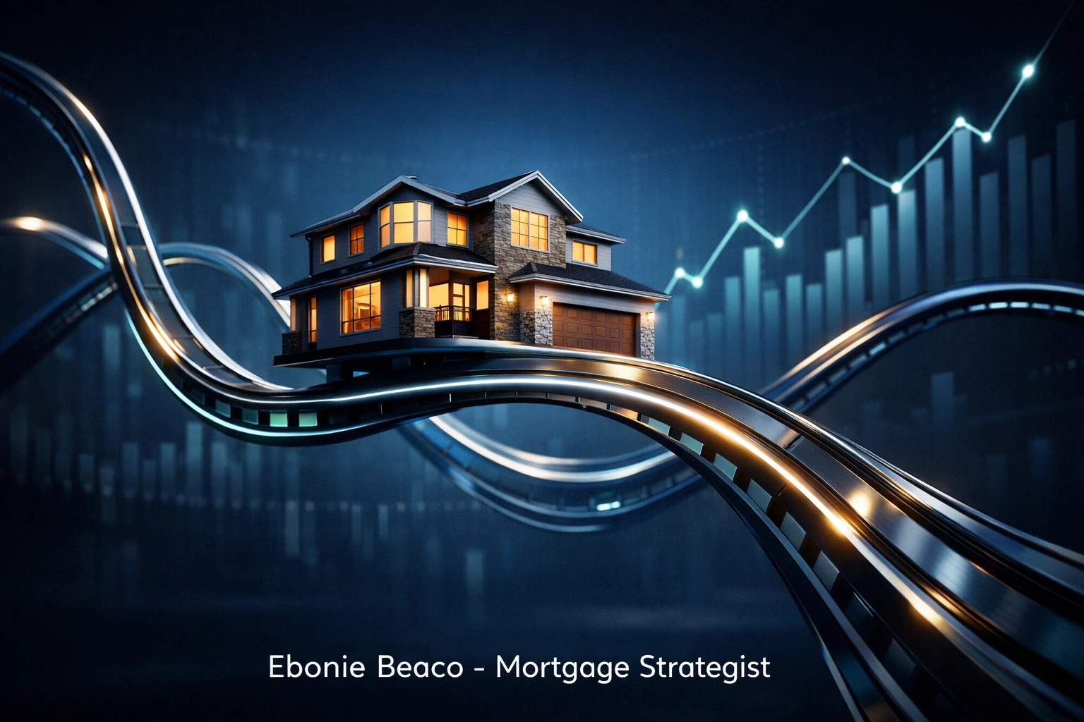 Suburban home on a rollercoaster track representing variable interest rates and HELOC payment fluctuations.