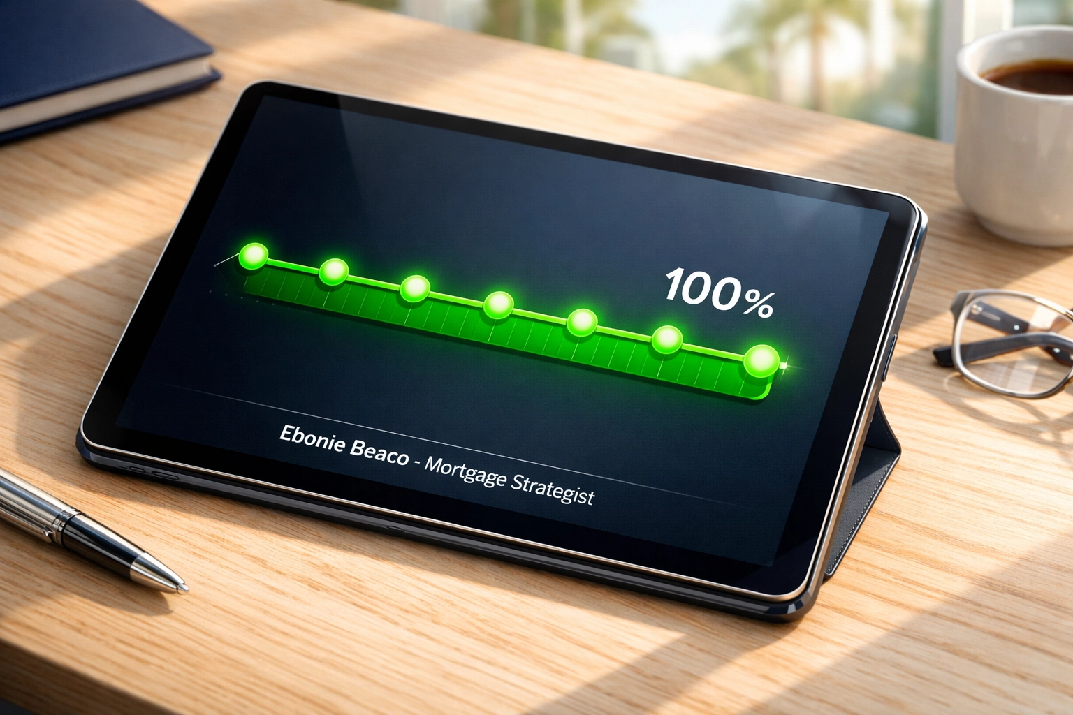 Timeline showing the 7-day funding process for a California HELOC on a digital tablet screen.
