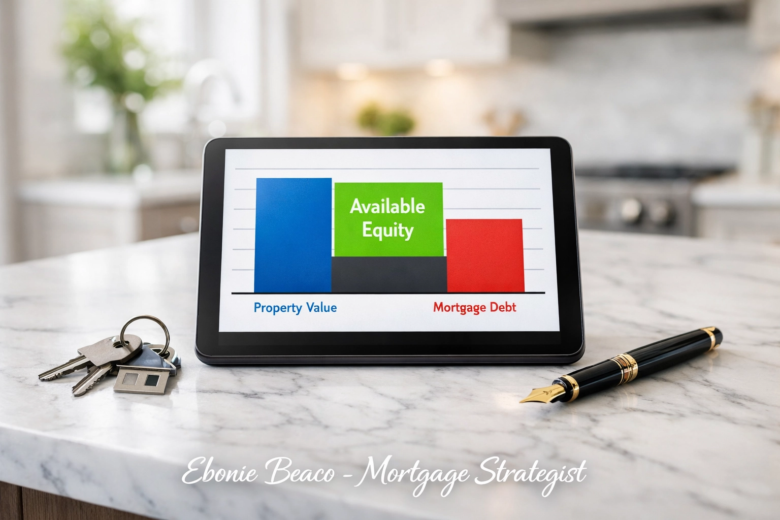 A tablet showing a property value and mortgage debt calculation for a HELOC equity audit.