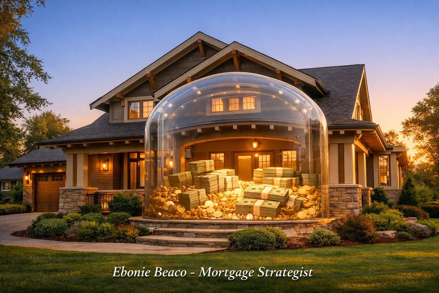 Modern Alabama home visualizing dead equity as currency trapped in a glass vault on the porch.