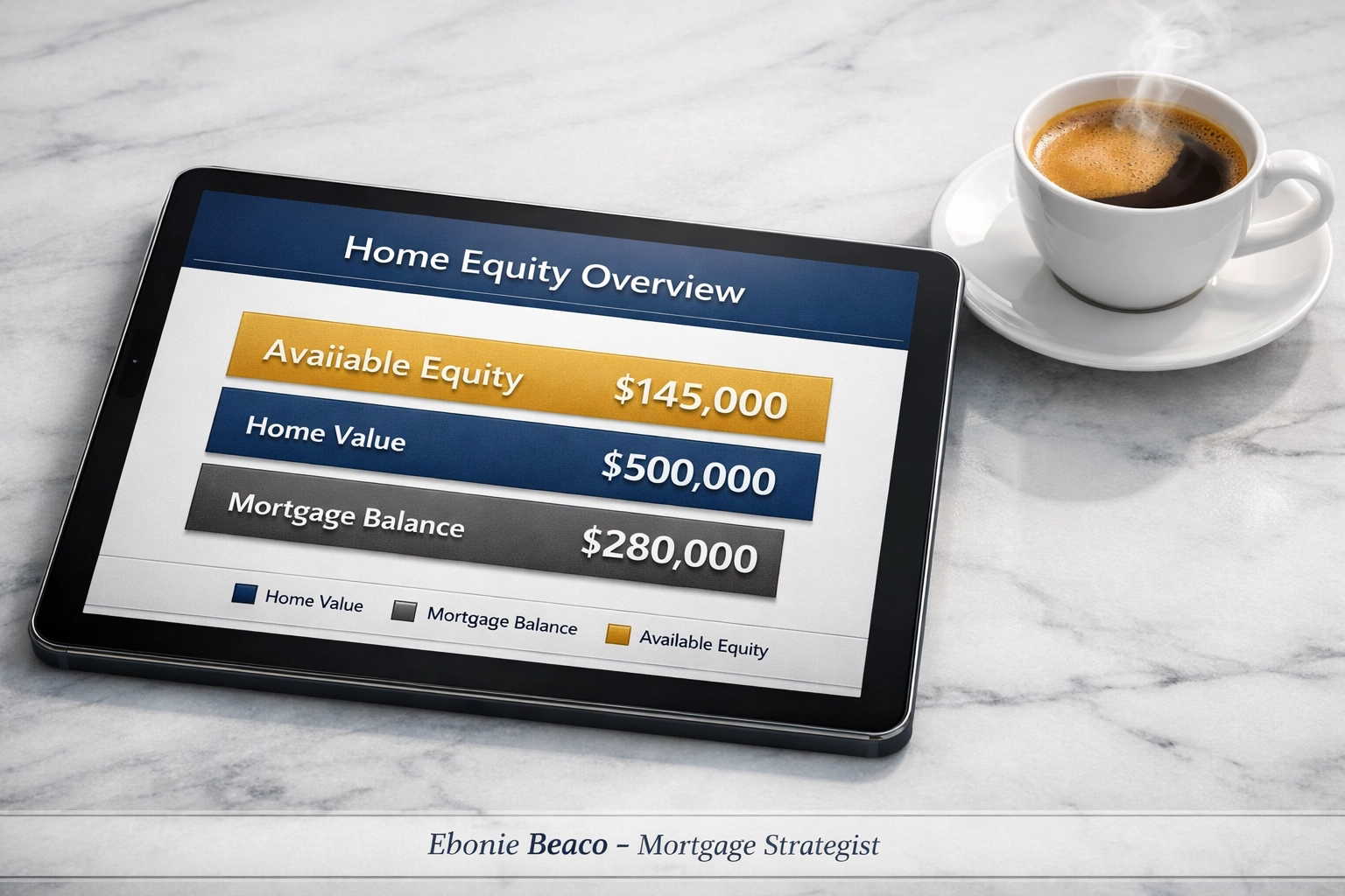 A digital chart showing home equity calculation, mortgage balance, and available funds for a Virginia HELOC.