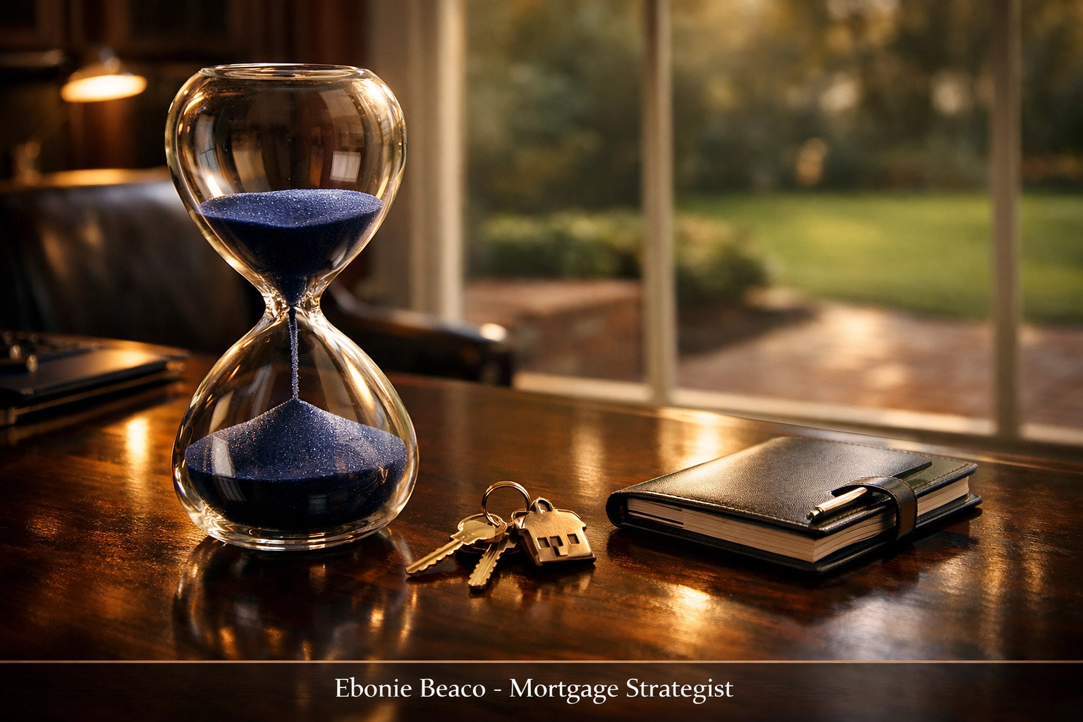 Hourglass and house keys on a desk representing the end of a Virginia HELOC draw period and payment transition.