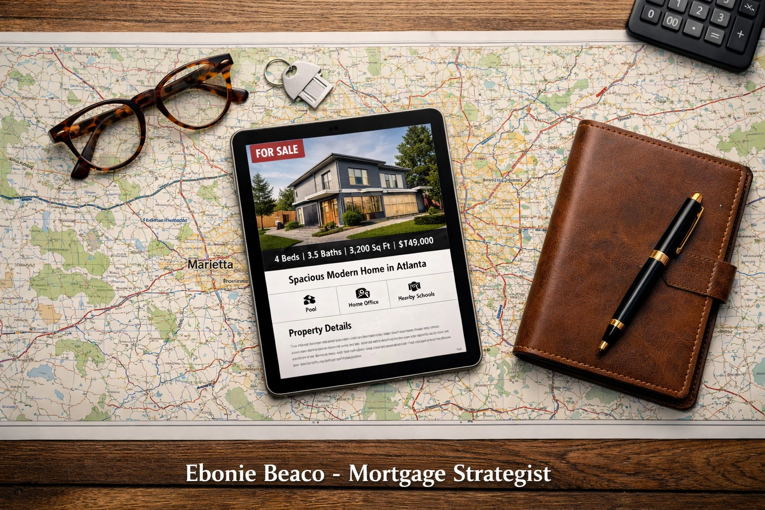 Real estate strategist planning wholesale deal logistics using an Atlanta map and property listings.