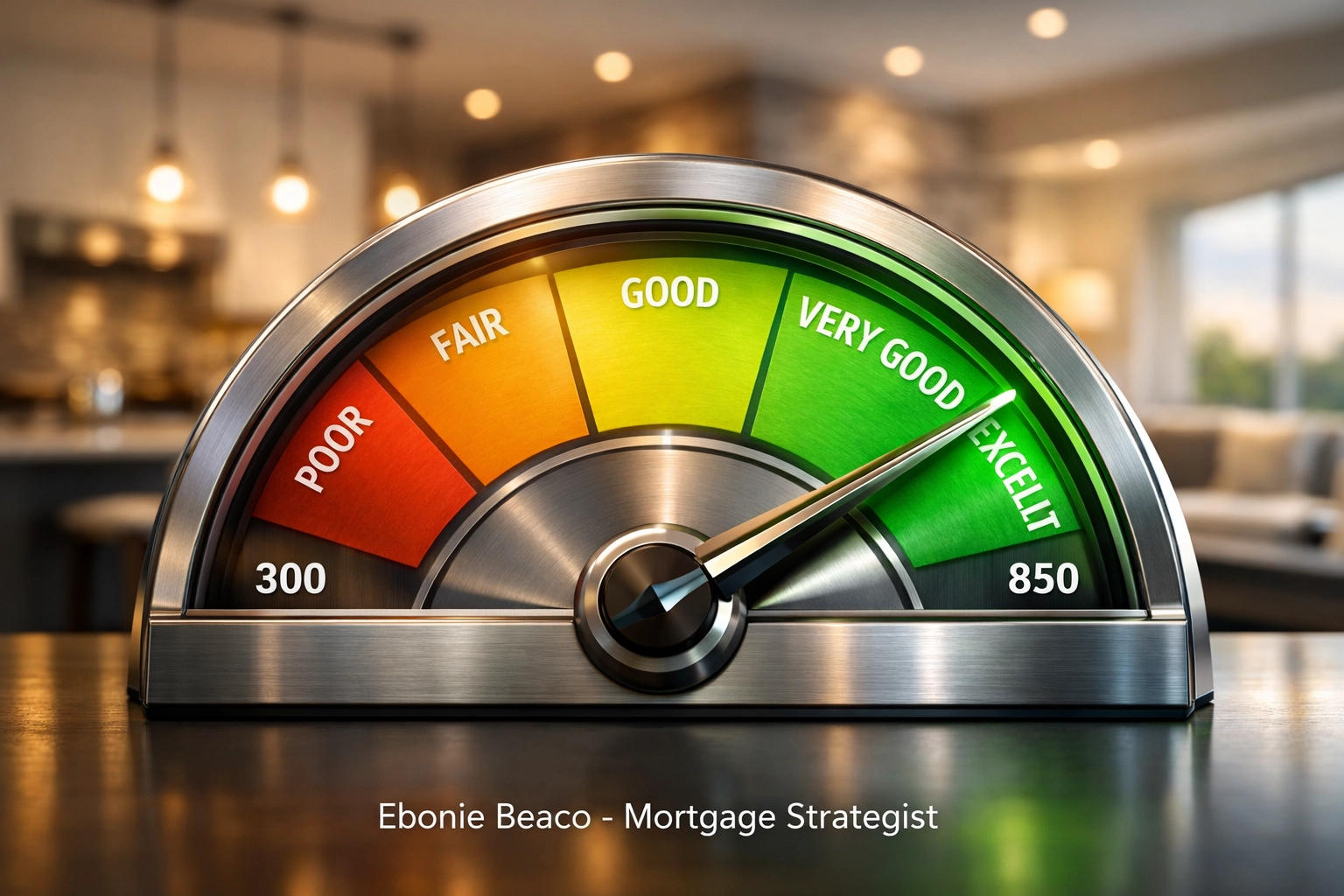Financial credit score gauge in the excellent range showing credit improvement from debt consolidation.