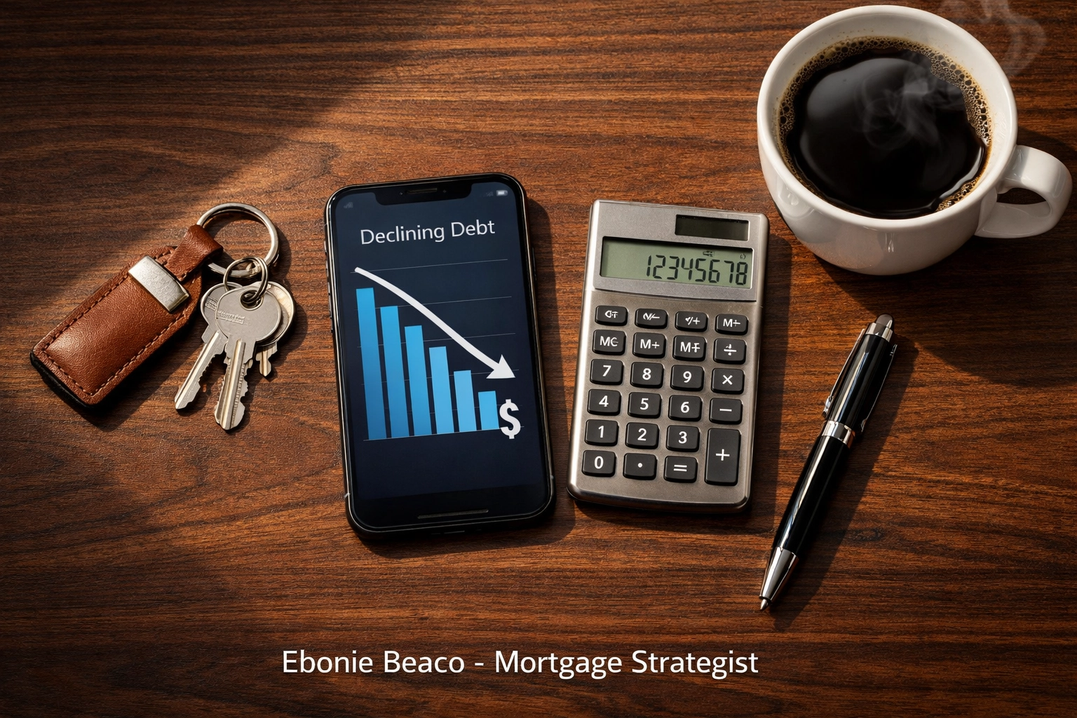Professional desk with house keys and debt reduction charts showing a HELOC financial planning strategy.