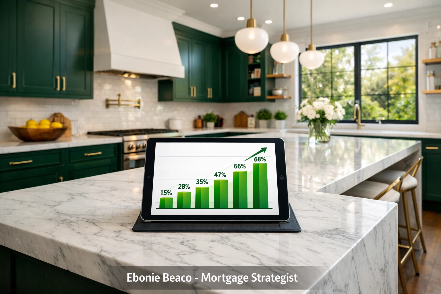 Luxury kitchen renovation and ROI chart illustrating home equity value for renovations.