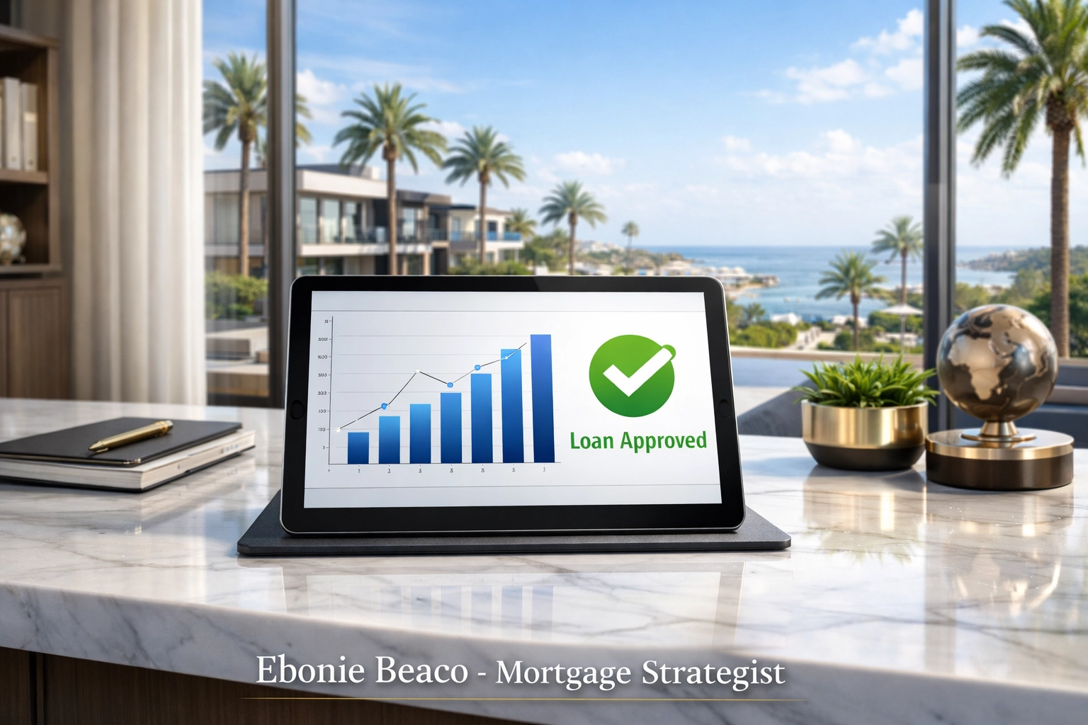 Home office desk with jumbo loan approval chart overlooking a luxury coastal community.