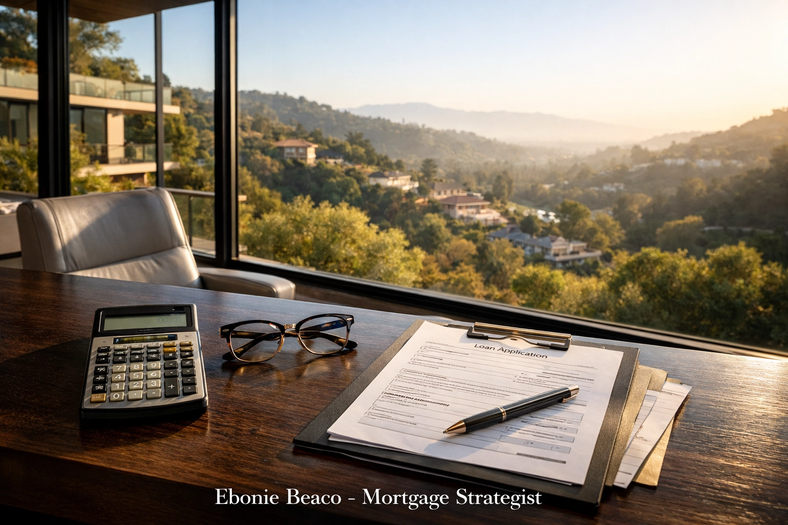 Modern California home office with loan documents and calculator for planning a California HELOC or refinance.