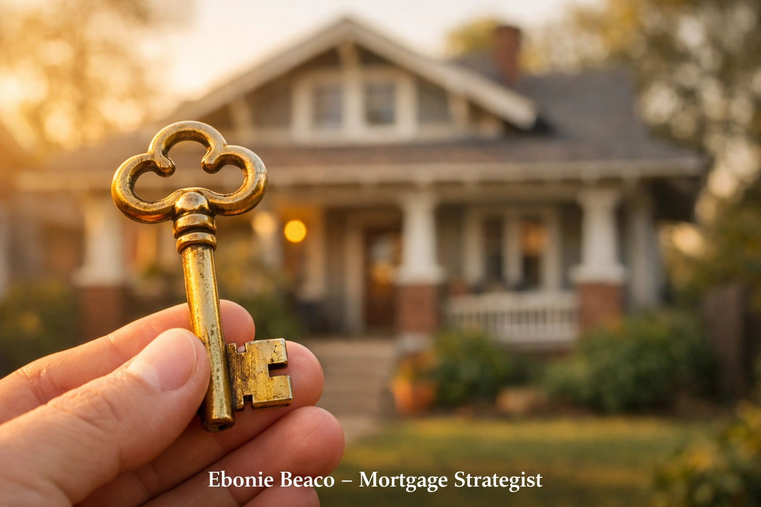 A gold key held before a craftsman house, representing unlocking off-market deals in Atlanta.