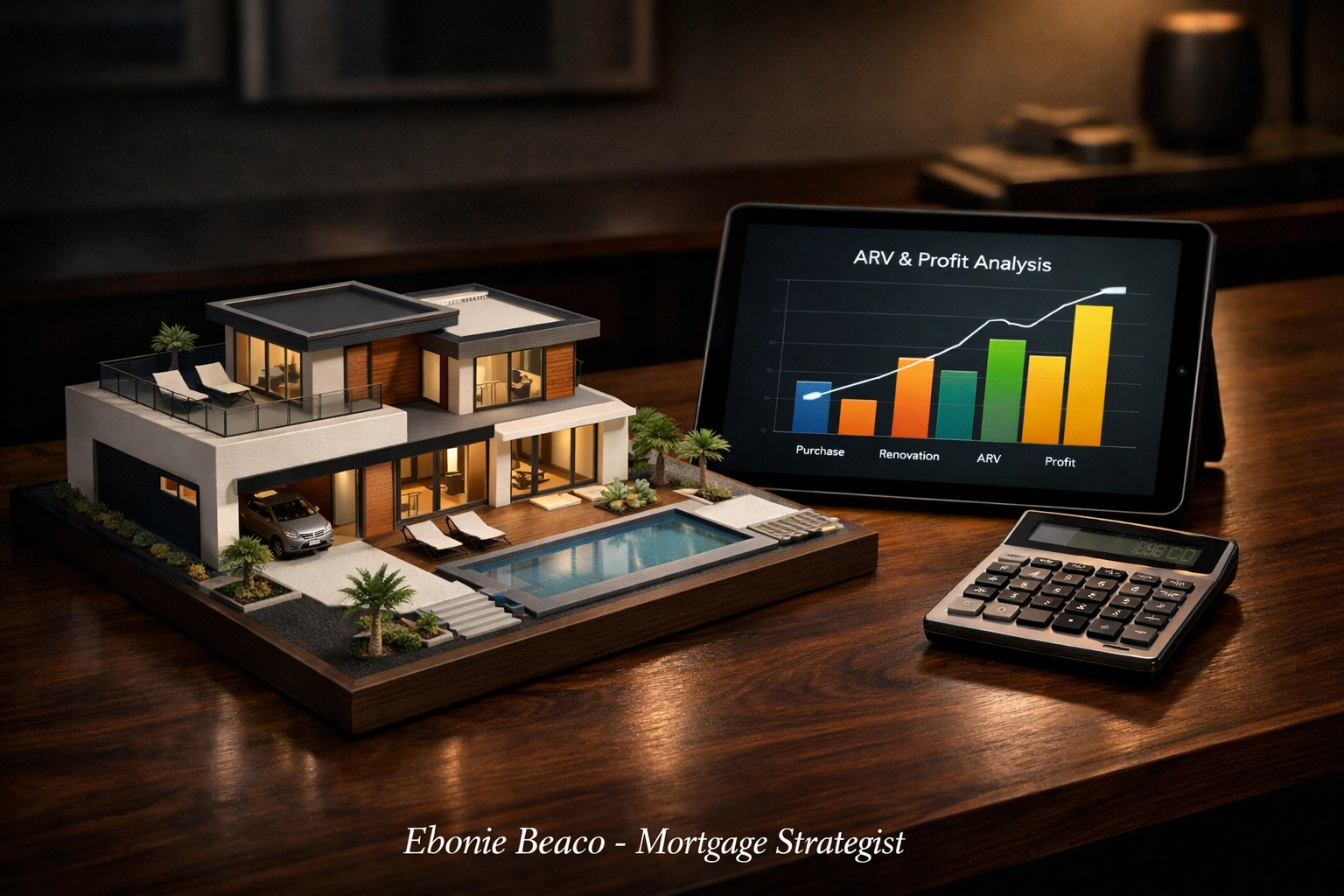Financial charts and a property model on a desk for real estate investment and ARV analysis.
