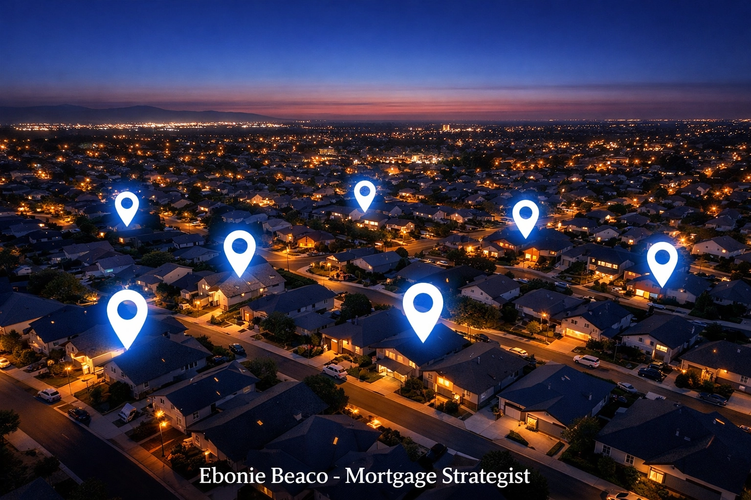 Aerial view of a residential neighborhood at dusk showing lead generation map pins for wholesalers.