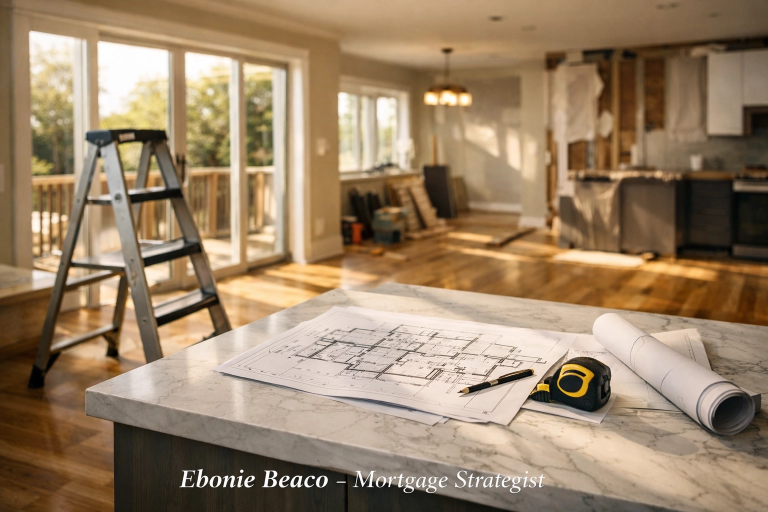 A modern kitchen renovation with blueprints, highlighting a successful fix and flip investment.