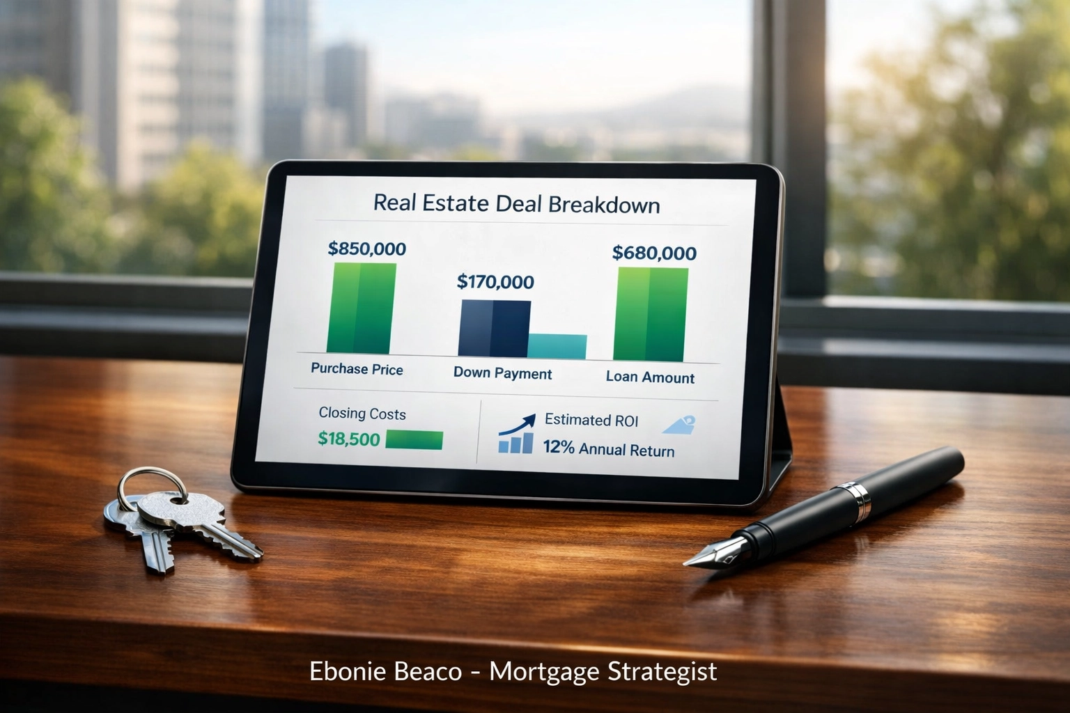 Real estate wholesale assignment deal breakdown showing investment fees and house keys on a professional desk.