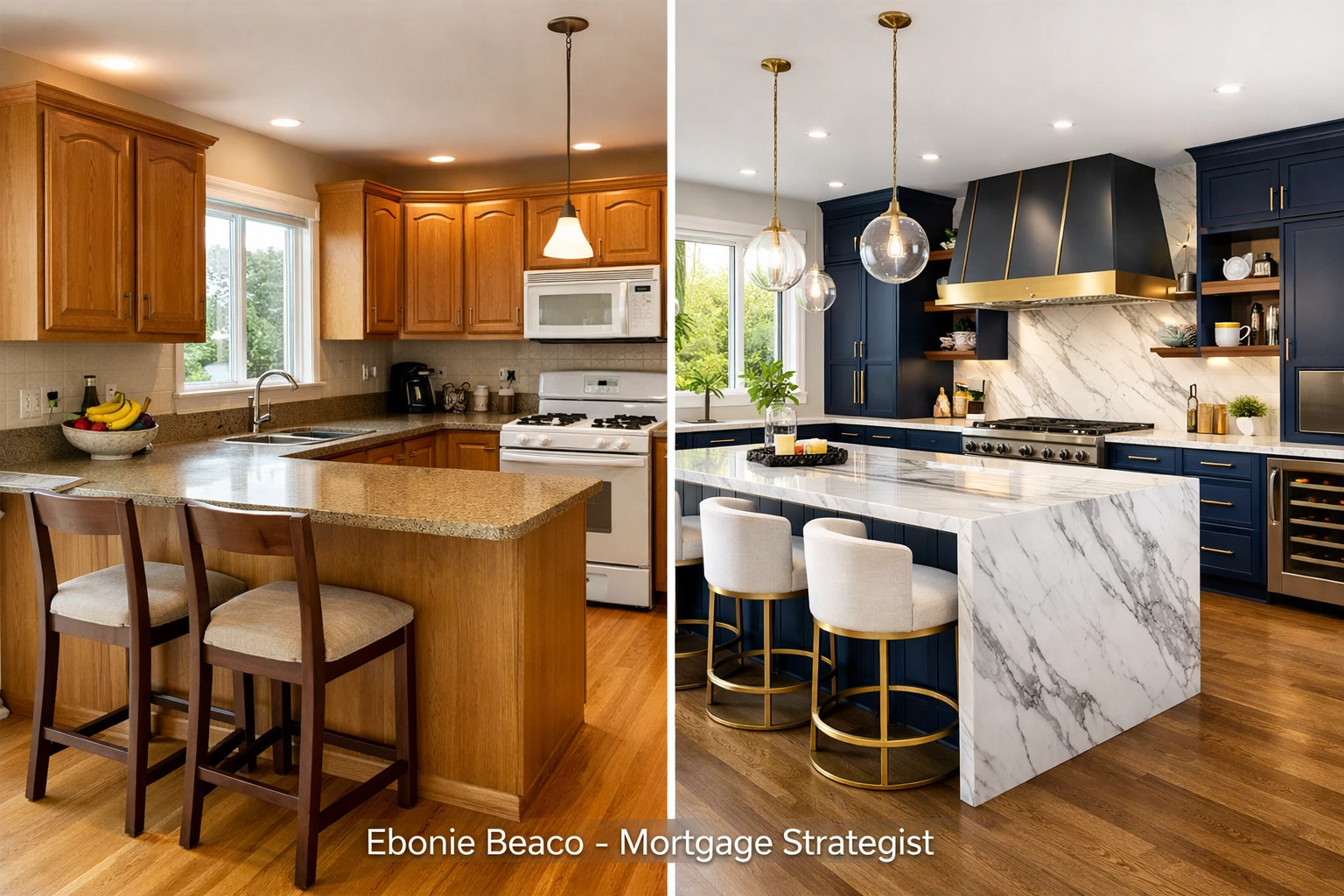 Side-by-side view of a kitchen renovation funded by a HELOC, showing a modern upgrade with new cabinets.