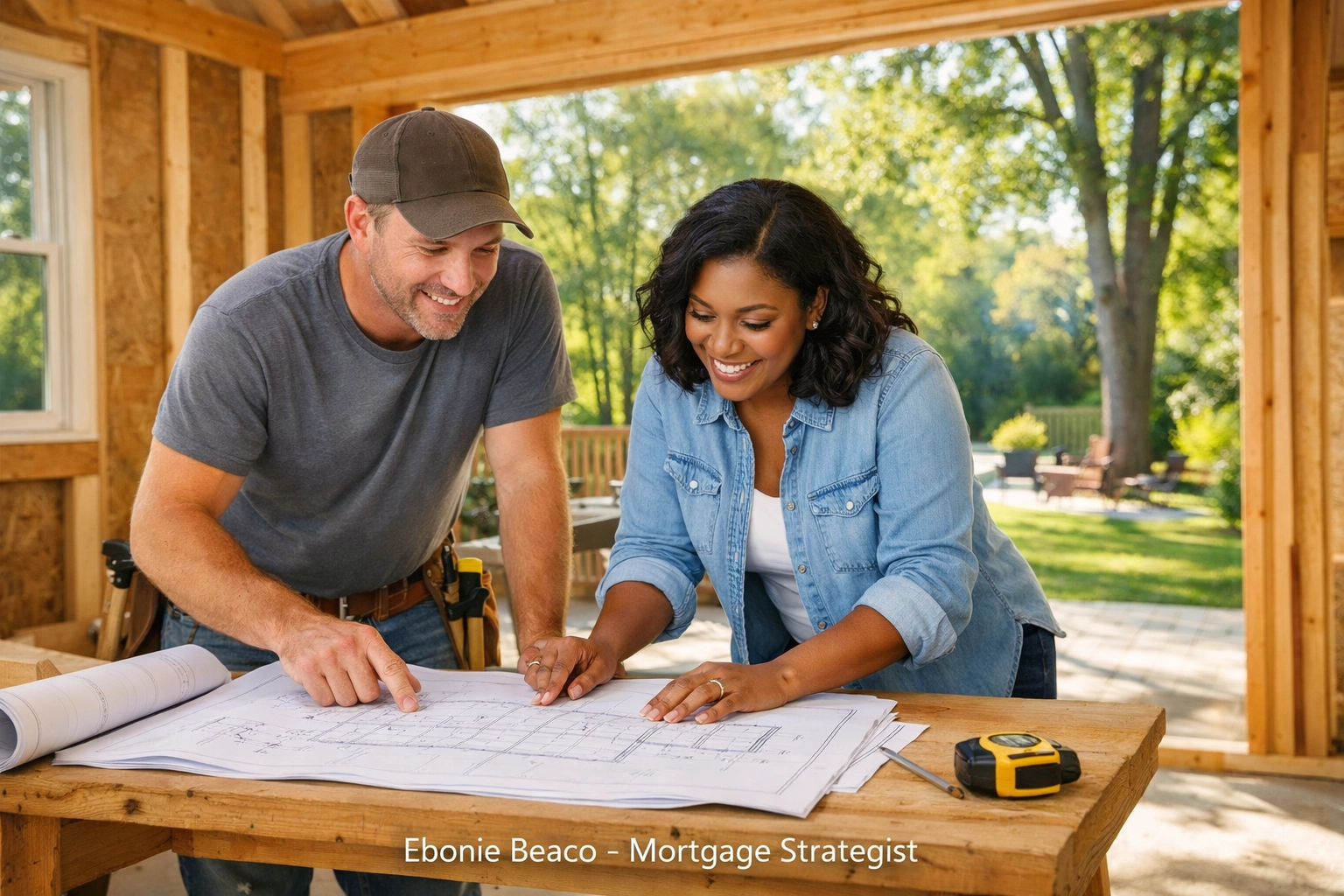 Contractor and homeowner discussing blueprints during a home renovation using a flexible Kentucky HELOC lender option.