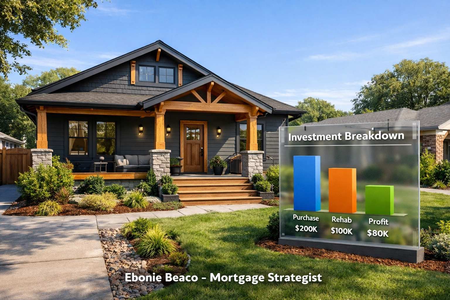 Renovated bungalow in Bankhead Atlanta with a financial chart for fix and flip investment analysis.