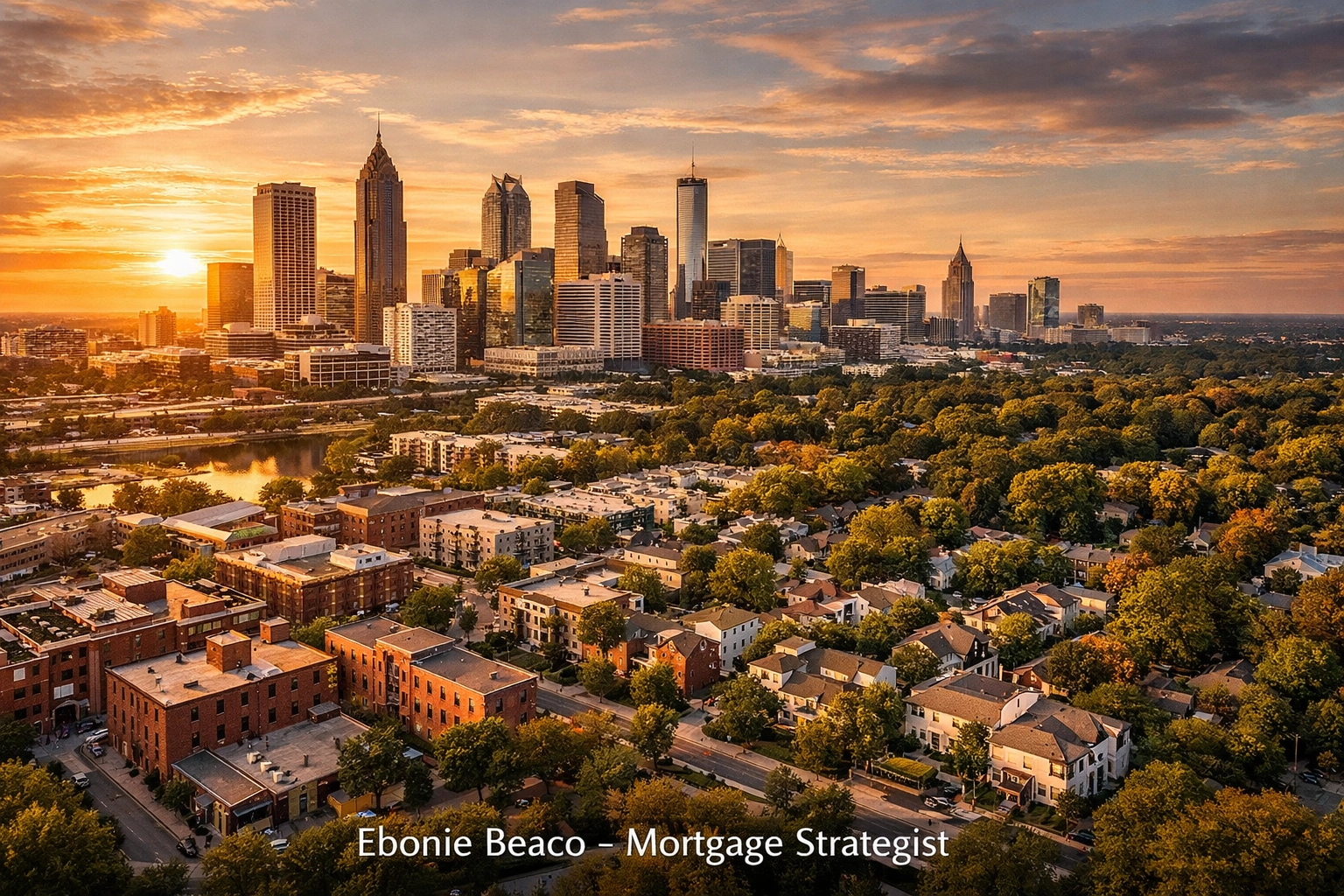 Aerial view of the Atlanta skyline and residential investment property neighborhoods for market analysis.