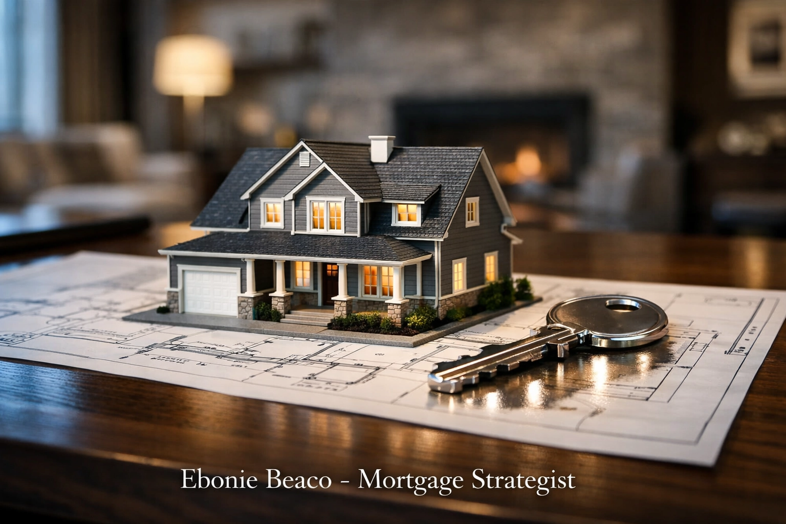 A house model and key on architectural blueprints representing a strategic mortgage and equity plan.