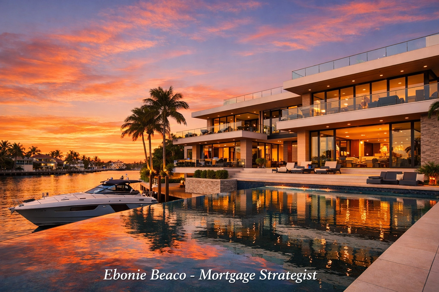 Modern Miami waterfront mansion and infinity pool financed with a Florida jumbo loan.