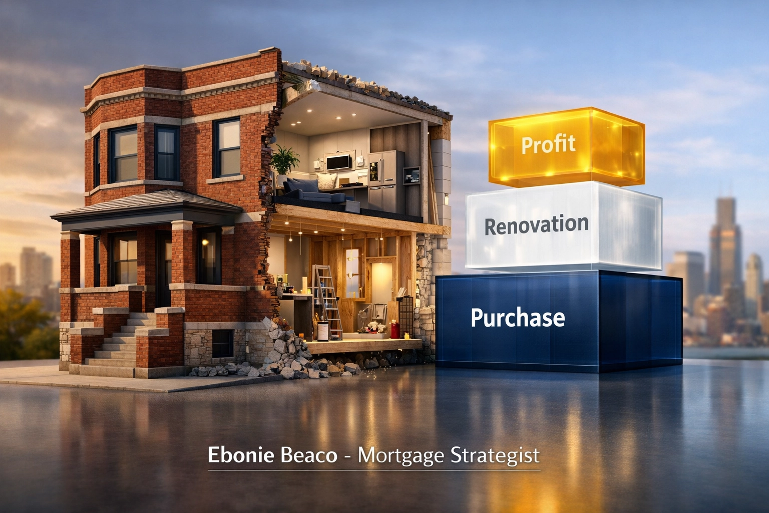 Diagram of a Chicago fix and flip loan showing purchase costs, renovation budget, and projected investment profit.