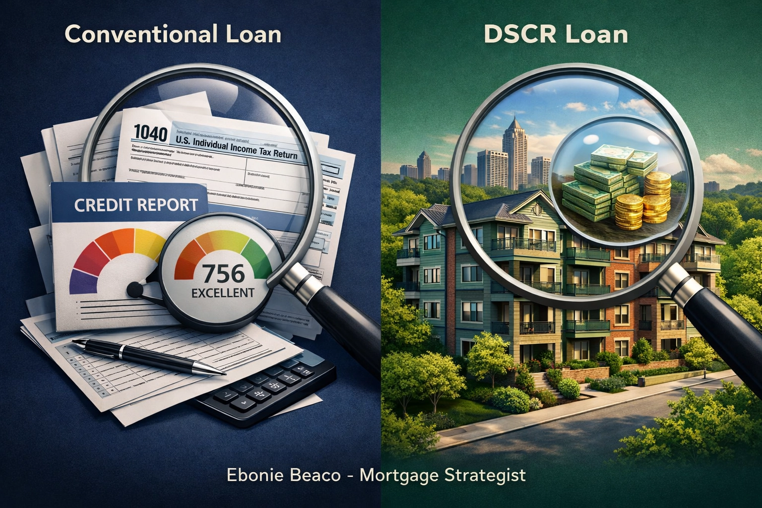 Comparison of conventional loan documentation versus DSCR loan income focus for rental property investors.