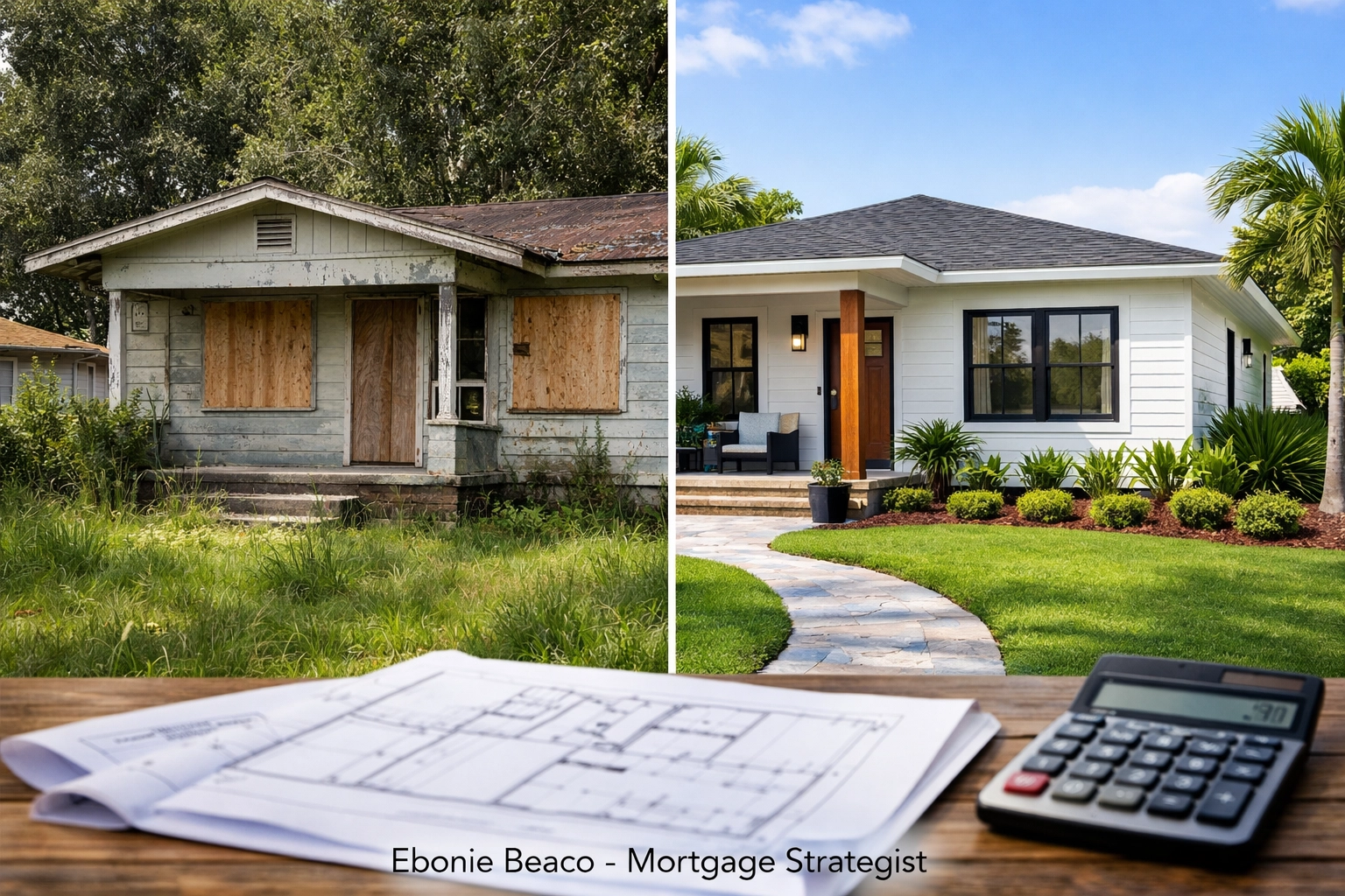 Before and after renovation of a Florida bungalow illustrating fix and flip strategy and wholesale property value.