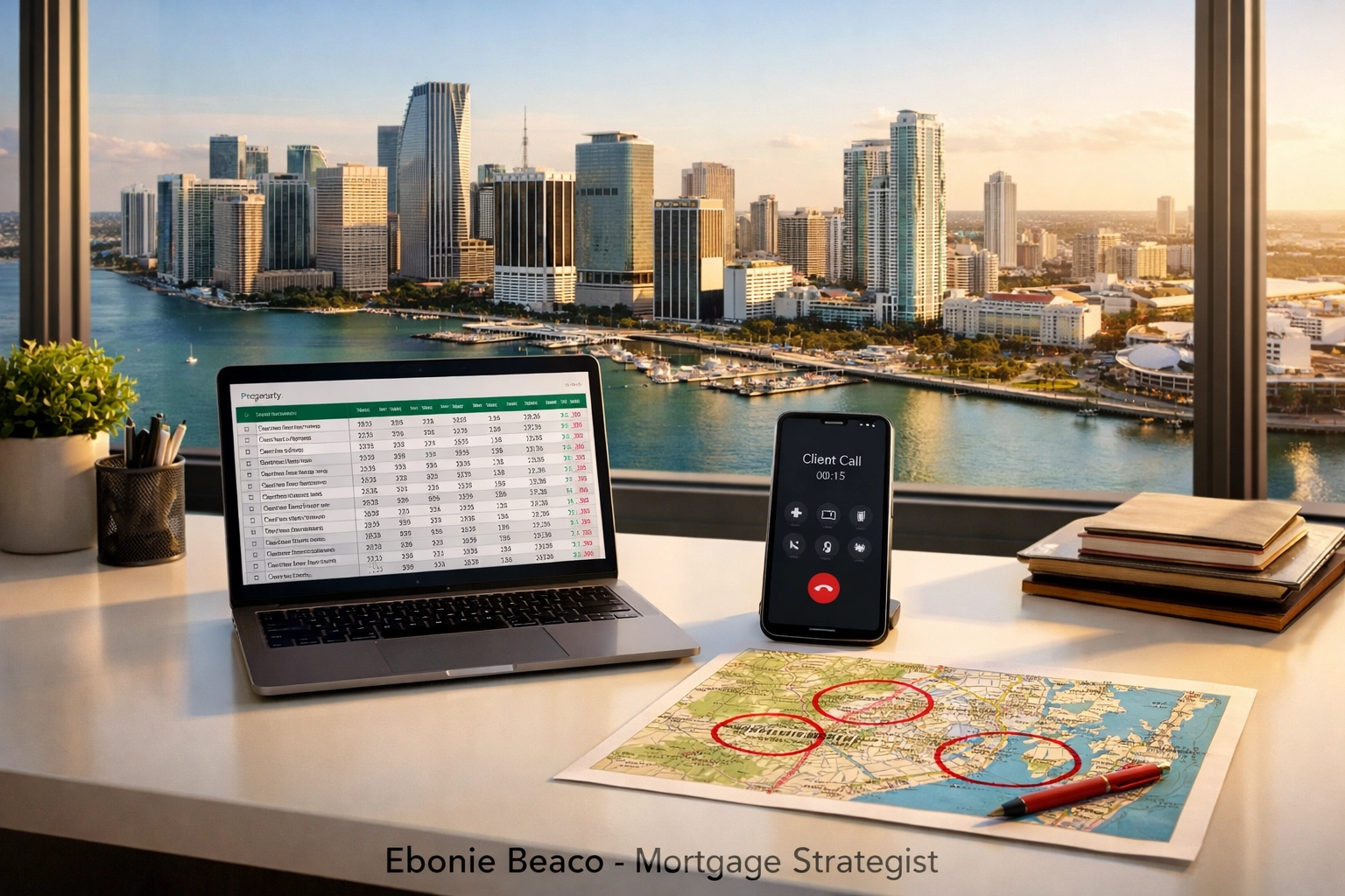 Desk with Florida property map and laptop data representing lead generation for off-market real estate deals.